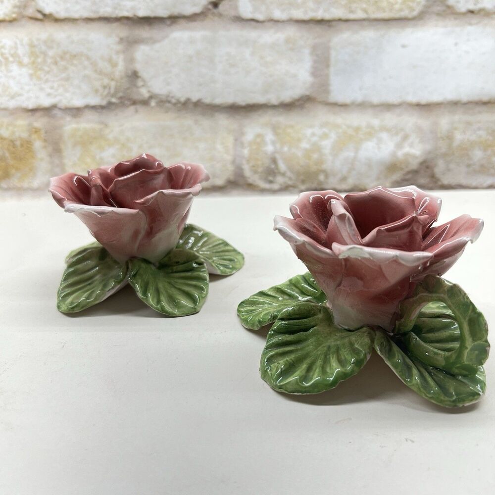 Vintage Capodimonte Italian Porcelain Pink Rose Tapered Candle Holders Set of 2